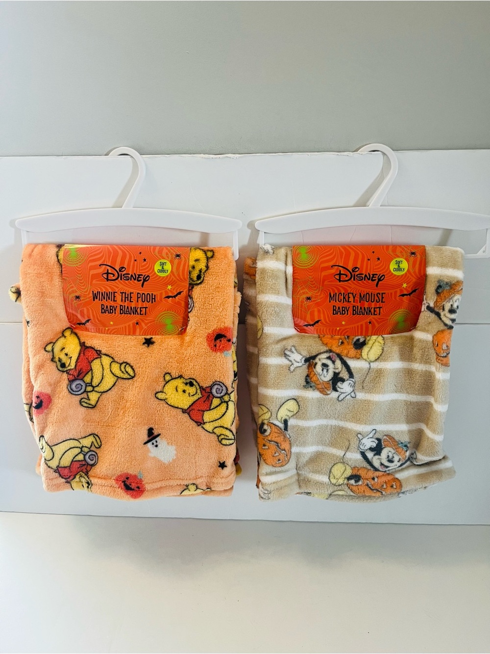 Disney Winnie the Pooh & Mickey Mouse Halloween Lot of 2 Baby Blankets Pumpkin